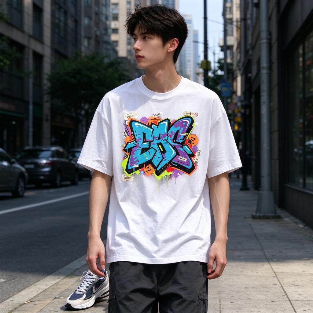 Camiseta Oversized Algodão Respirável Estampa Grafite Colorida, Roupa Streetwear Unissex Passeio Urbano