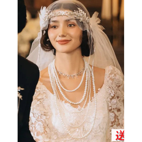 Multi-camada pérola colar de comprimento médio clavícula corrente senhoras francês Retro casamento nupcial colar de cinc