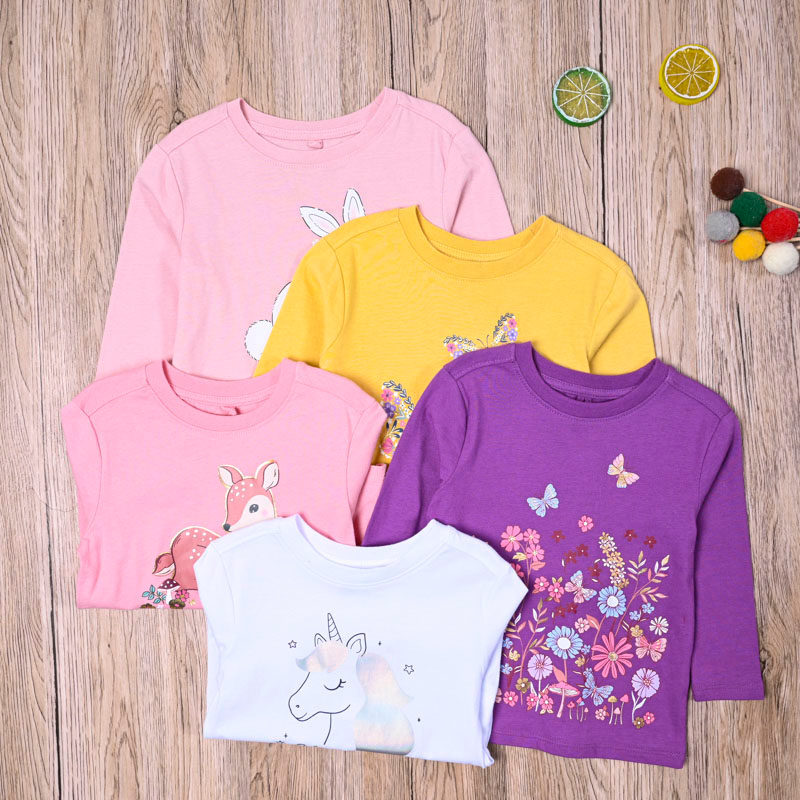 Comércio exterior europeu americano bebê menina primavera outono puro algodão manga comprida camiseta camisa de fundo me