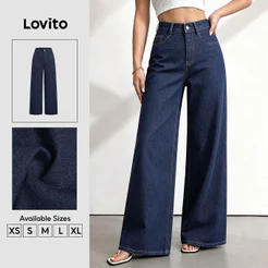 Lovito Jeans Casual com Zíper Botão e Bolso Azul Escuro para Mulheres outono/inverno JNNS149BX260