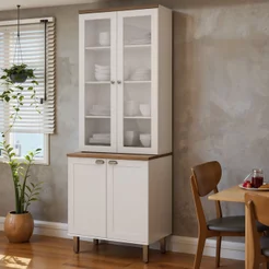 Armário Cristaleira com 2 Portas de Vidro e Balcão com 2 Portas Provençal 100% MDF Branco/Ébano Branco/Ébano