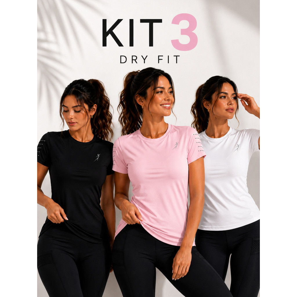 Kit 3 Camisetas Dry Fit Baby Look Feminina Academia Fitness Acinturada Leve Proteção Uv Lamovie