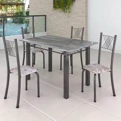 Conjunto Mesa com 4 Cadeiras Tampo de Granito Topázio Sara Yescasa Prata/Botanic Bege/Mart Botanic Bege/Prata