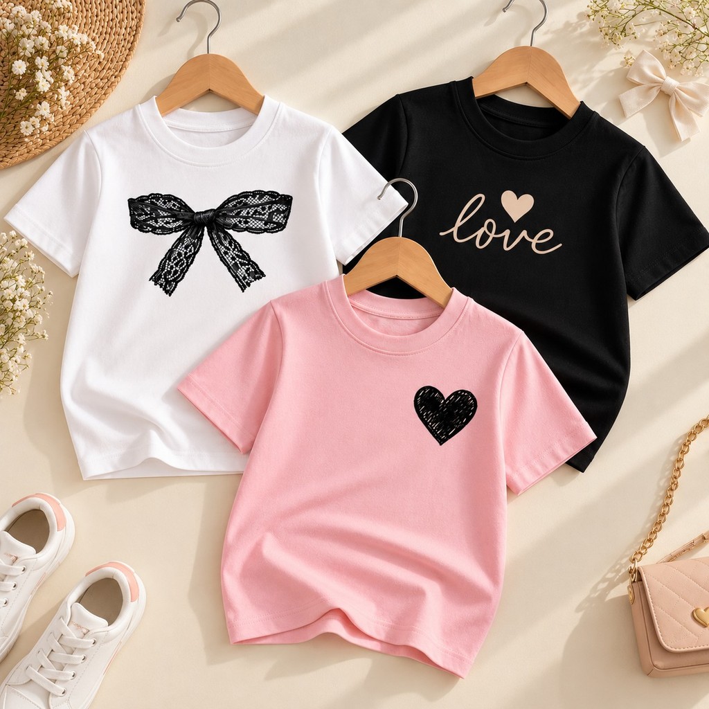 Kit 3 Camisetas Infantis Femininas 100% Algodão Delicadas Estampadas Menina Manga Curta Confortável