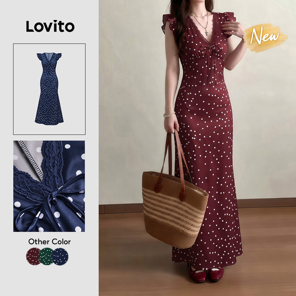 Lovito Vestido Feminino Bordô Poá em Renda Modelo Longo A com Zíper Primavera Verão Traje de Trabalho DRT204P1D046