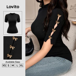 Lovito Elegante Camiseta T-shirt Laço Primavera/verão Preta Camiseta para mulheres TSK9P1D238