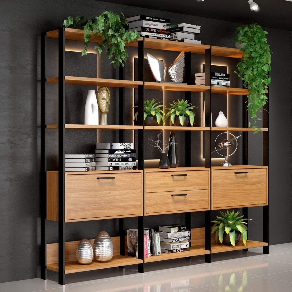 Estante Industrial 2 Portas 2 Gavetas 100% MDF 216cm Marrom/Freijó/Preto Freijó/Preto Fosco