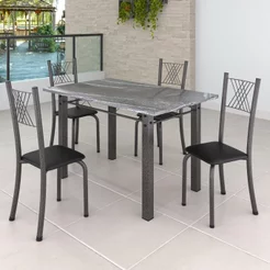 Conjunto Mesa com 4 Cadeiras Tampo de Granito Topázio Sara Yescasa Prata/Preto Liso/Mart Preto/Prata