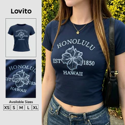 Lovito Camiseta Casual Azul Marinho para Mulheres TSK9P1D239