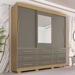 Guarda-Roupa Casal 3 Portas 9 Gavetas com Espelho e Pés Luana Cinza Jequitibá/Granizo Jequitibá/Granizo