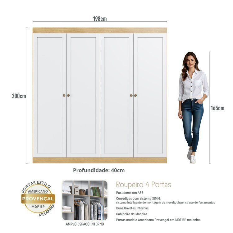 Guarda-Roupa Casal 4 Portas 2 Gavetas Americano/Provençal Ele e Ela Europa Branco/Savana Savana/Branco · foto 2