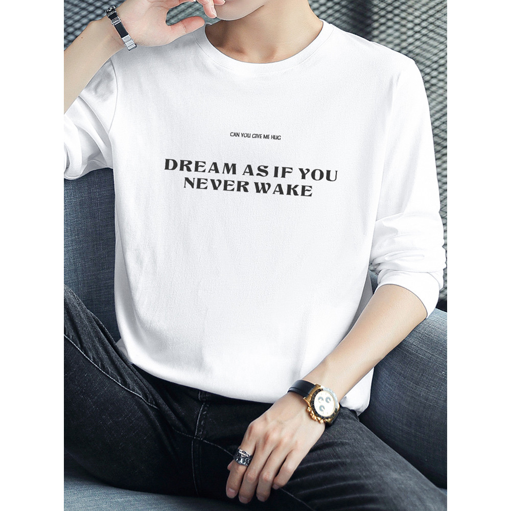 Estilo americano puro algodão camiseta masculina de manga comprida na moda solta roupas superiores carta impressa algodã