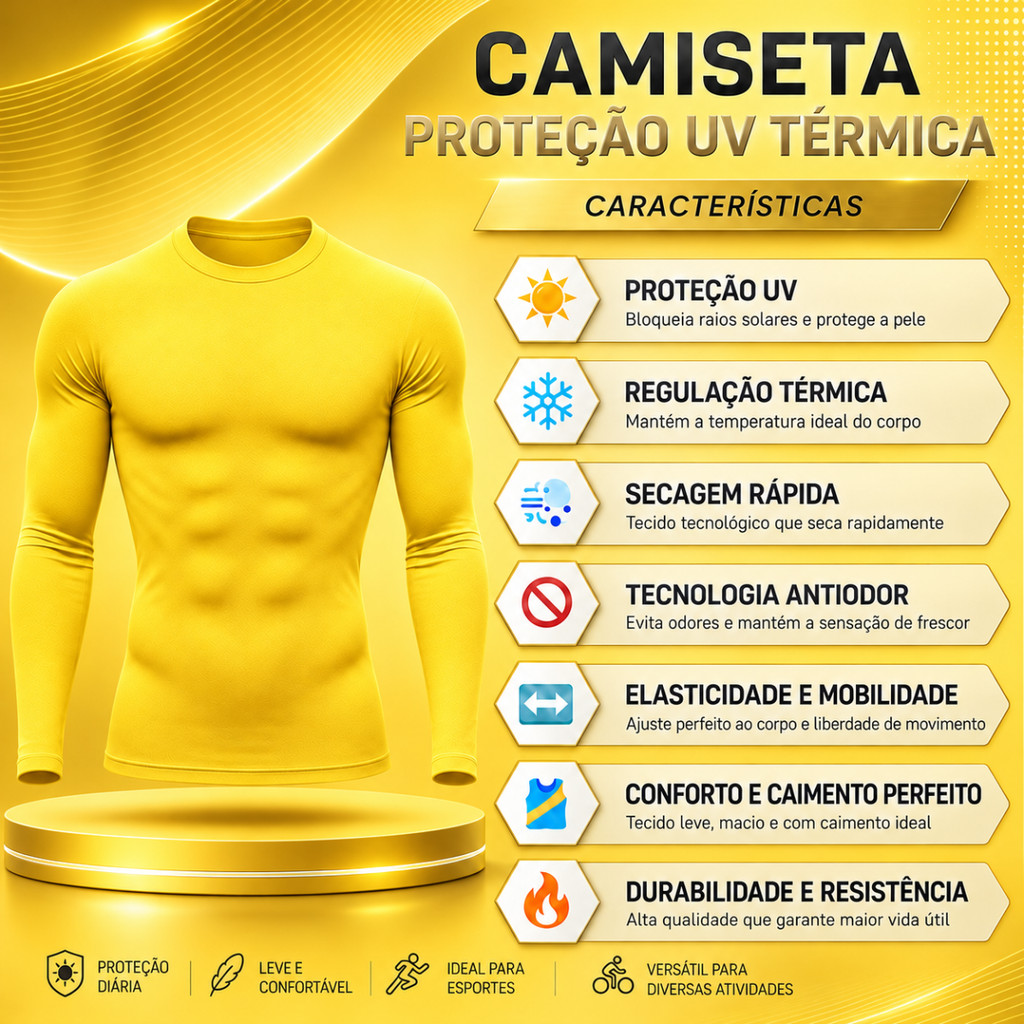Camiseta Proteção Solar Uv 50+ Amarela Segunda Pele Masculina Térmica Frio e Calor Treino