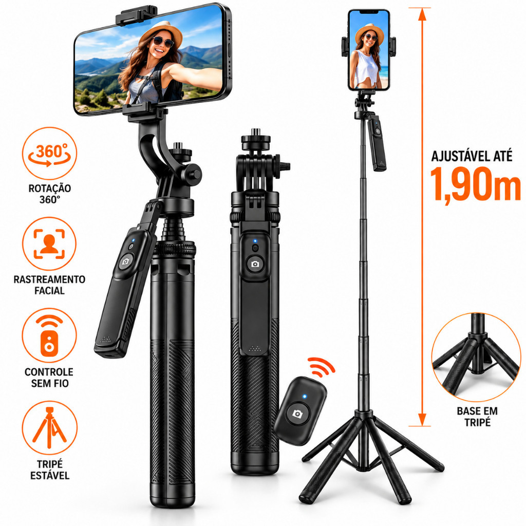 Tripé para Celular Inteligente 1,90m com Rastreamento Facial 360° Sensor de Movimento e Câmera Sem Fio