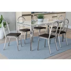 Sala de Jantar Completa Reno c/ Tampo de Vidro 150x80cm e 6 Cadeiras Holanda Cromada/Preto 110 - Kappesberg