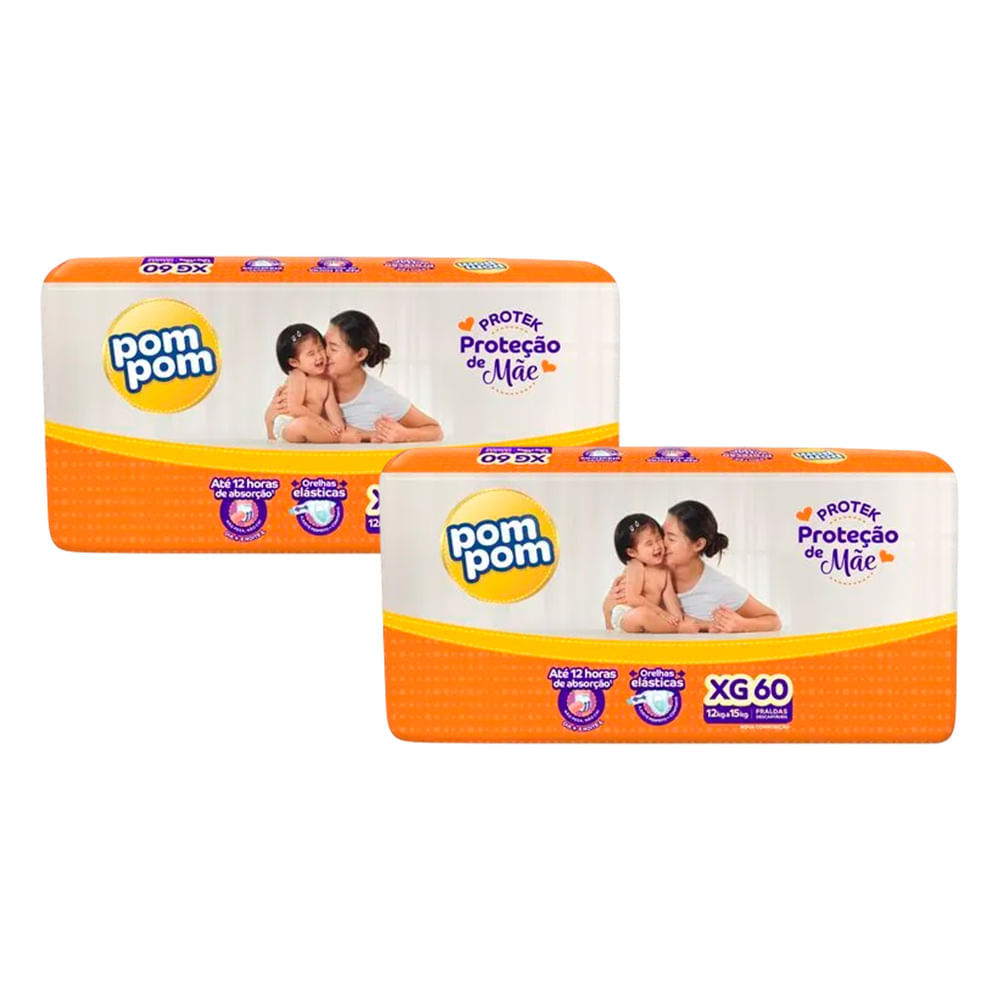 Kit 2 Fralda Descartável Pom Pom Protek Hiper XG - 60 Unidades
