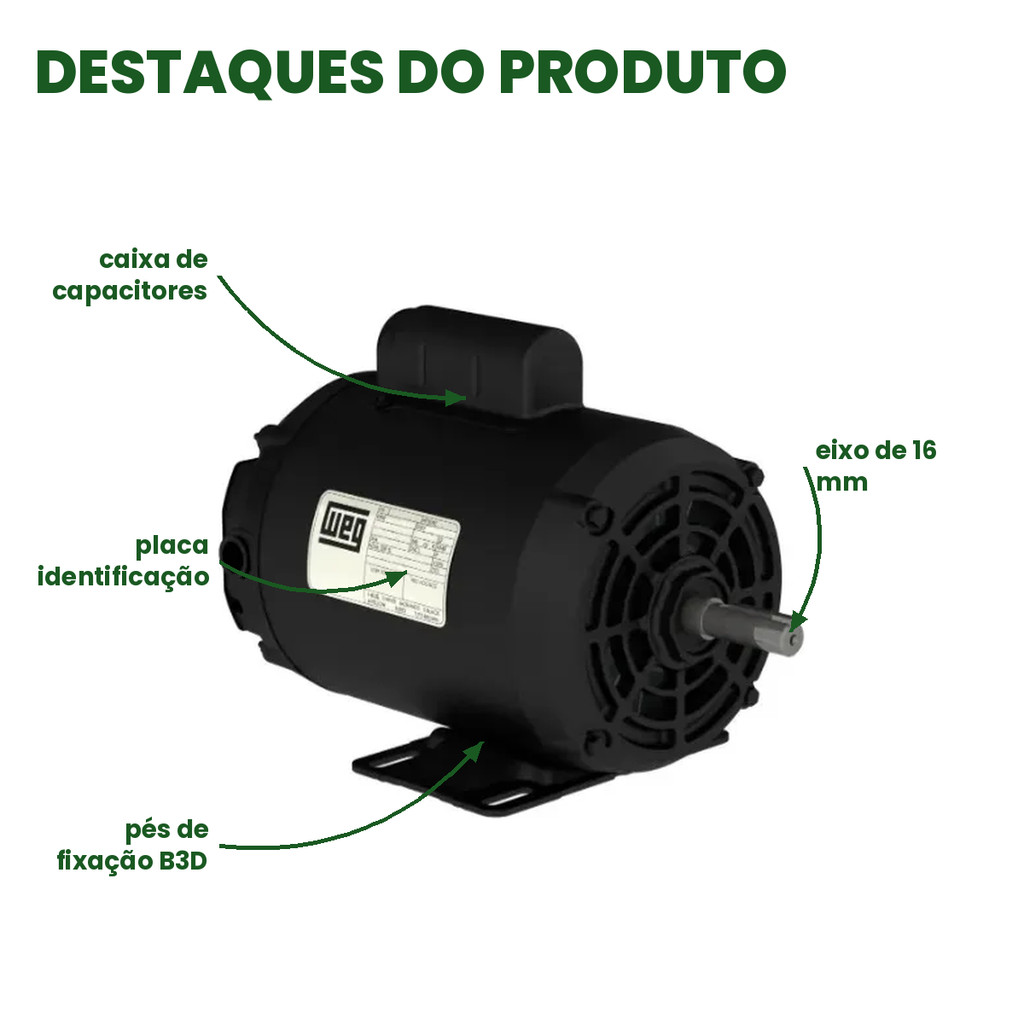 Motor Elétrico Monofásico 1CV 4 Polos Baixa Rotação 127/220V WEG B3D W56