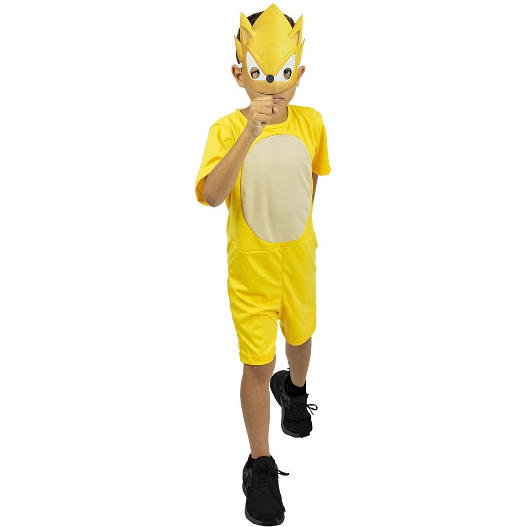 Fantasia Sonic Menino Infantil Amarelo Curta com Máscara Festa Carnaval Halloween

