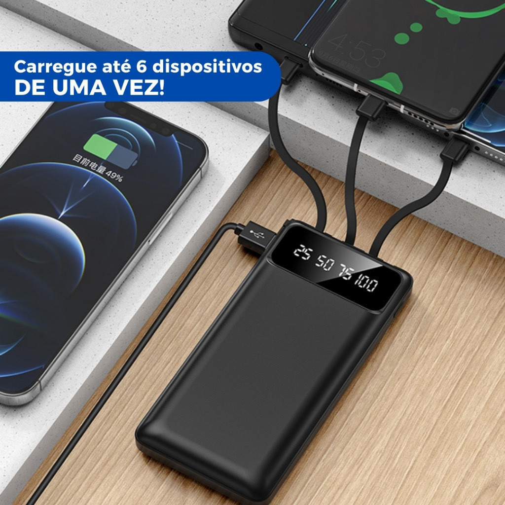 20000mah Carregador Power Bank Portátil  Universal Saida 4 Cabos com suporte e lanterna