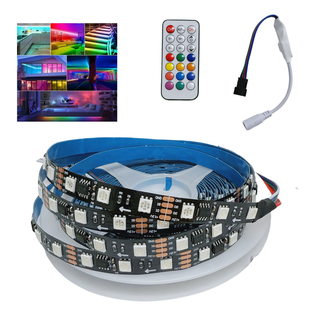 Fita Led Ws2811 5m 12v Preta Ip20 4 Vias + Controladora Rgb