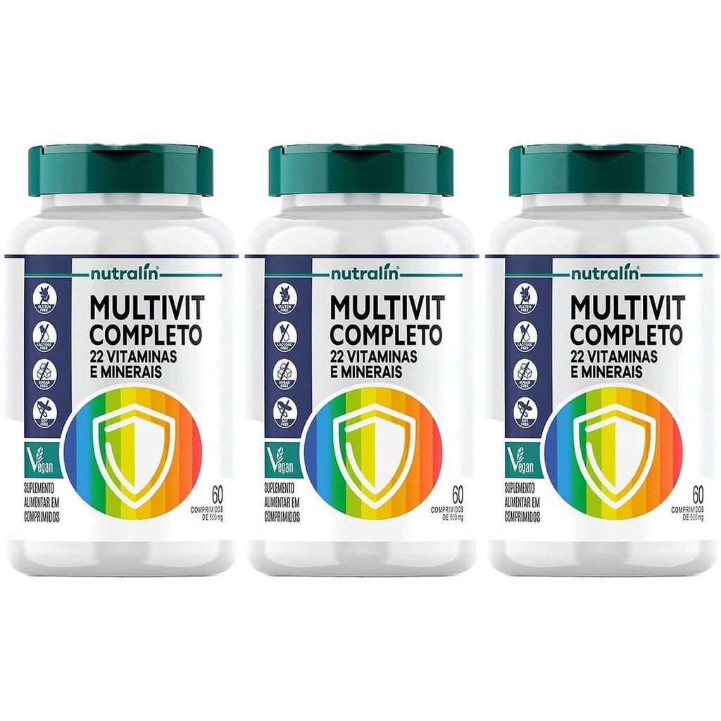 Kit 3X Multivit Completo 22 Vitaminas e Minerais Vegano - 60 Comprimidos - Nutralin em Oferta na Shopee