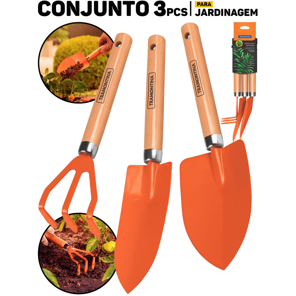 Kit Jardinagem Tramontina 3 Peças Cabo Madeira Pá Garfo E Ancinho Ferramentas P/ Jardim E Horta	 em Oferta na Shopee