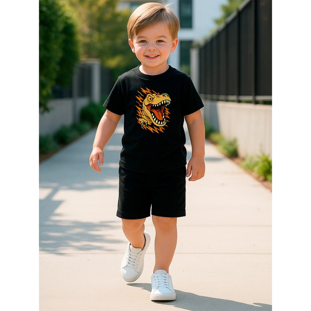 2 Peças Conjunto Infantil Camiseta Bermuda Dinossauro Algodão Premium Lançamento Moderno Kids
