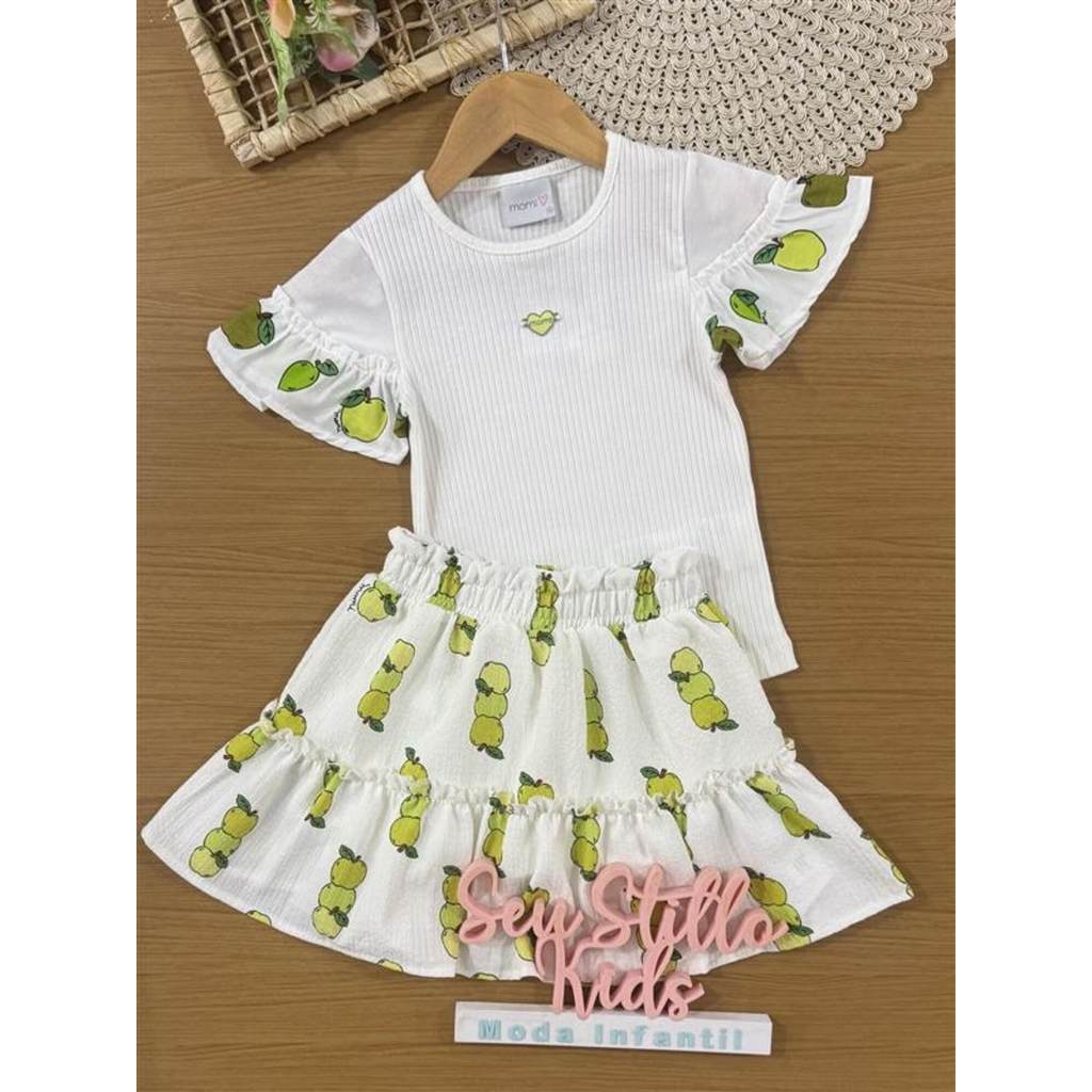 Conjunto Infantil Momi Verão com Saia e Blusa Branca Maçã