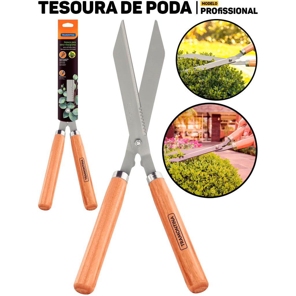 Tesoura Para Cerca Viva E Grama 48cm Jardim Tramontina Cabo De Madeira Lâmina S