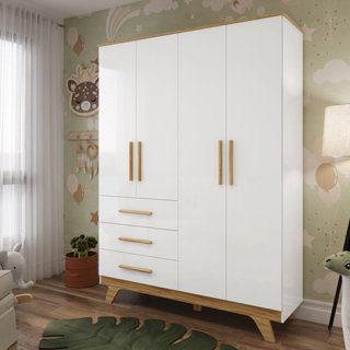 Guarda Roupa Infantil 4 Portas 3 Gavetas 100% Mdf Kakau Retrô Branco Brilho/Amêndoa em Oferta na Shopee