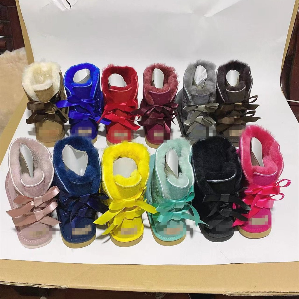 Botas de Neve Femininas de Couro Genuíno de Inverno com Laço Estilo 3280 Cano Médio Forradas e Quentes