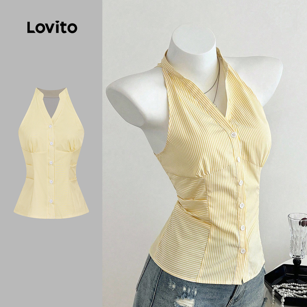 Lovito Blusa Casual de Alças Abertas Nas Costas para Primavera/verão Amarela para mulheres L155AD071 em Oferta na Shopee