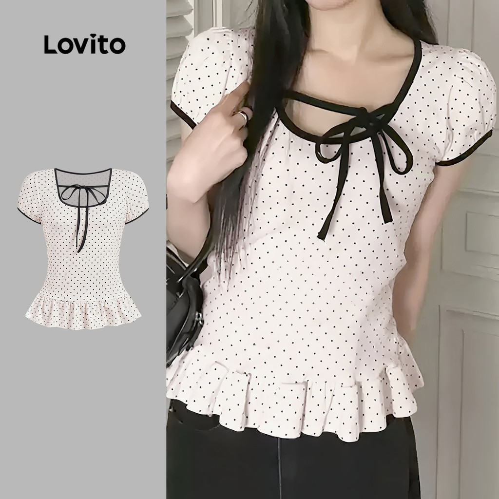 Lovito Camisa Casual de Malha com Cadarço Estampa De Bolinhas Primavera/verão Off-white Para Mulheres L156AD351
