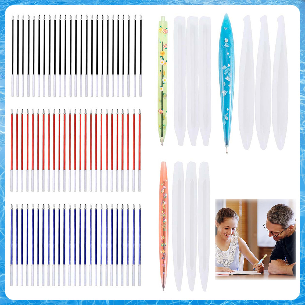Molde para Caneta de Resina - Kit 9 Formas (3 Modelos) + 75 Refis (Azul/Vermelho/Preto) - DIY e Presente Criativo