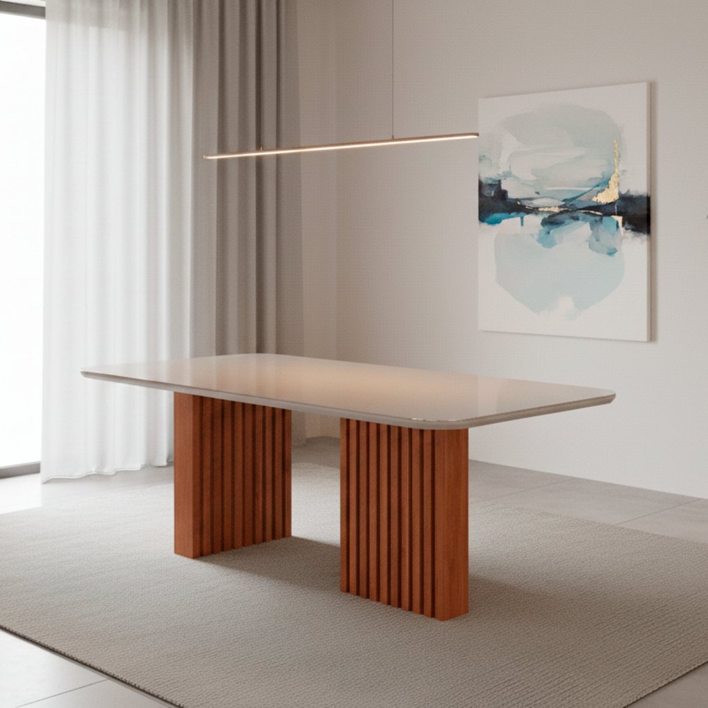 Mesa de Jantar 6 lugares Tampo de Vidro/MDF 210cm Retangular Ester Cinamomo/Off White em Oferta na Shopee