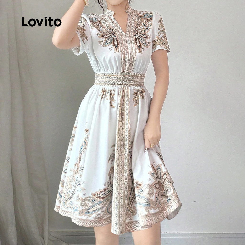 Detalhes do Vestido estampado com posicionamento de manga curta e gola alta-DRB152PBD053