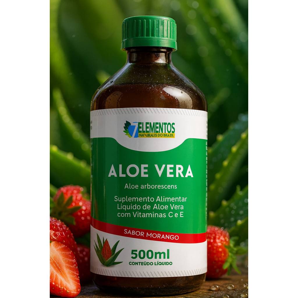 Aloe Vera 7 Elementos com Vitaminas C e E Sabor Morango 500ml Suplemento Alimentar Líquido