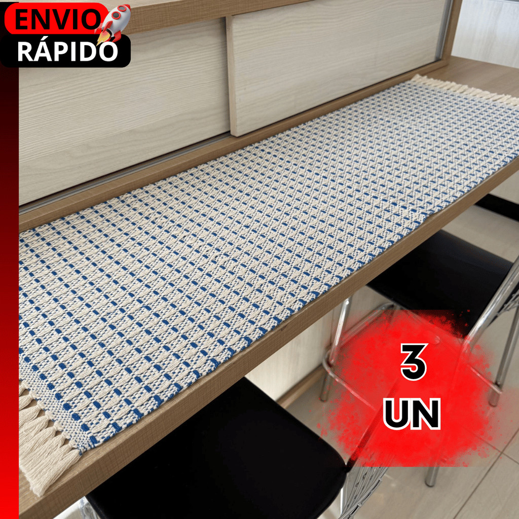 KIT PASSADEIRA CAMINHO DE MESA ARTESANAL TEAR MINEIRO AZUL EM TEAR MANUAL FEITO À MÃO 100% ALGODÃO..