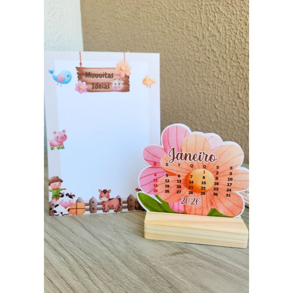 Kit Papelaria Fazendinha Motibel • Bloco de Mesa A5 + Calendário de Mesa Decorativo • Papelaria Fofa