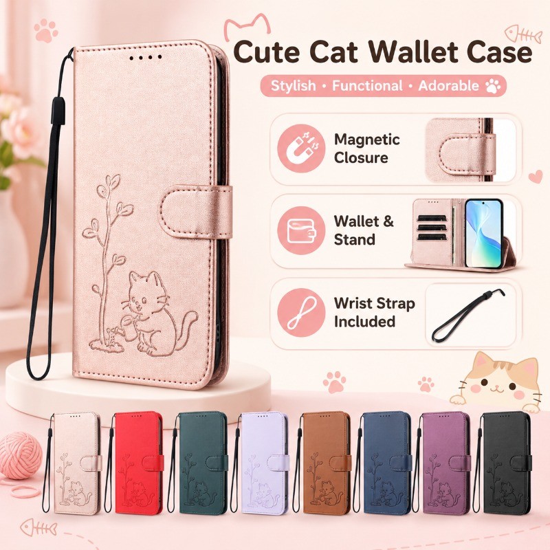 Capa Carteira De Gato Fofo Para Samsung Galaxy A57 A37 A27 A17 A07 A56 A36 A26 A16 A06 A55 A35 A25 A15 A05 A05S Suporte 