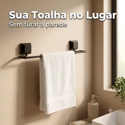 Suporte Porta Toalha de Banho Preto Fosco Fita 3M Sem Furo Para Parede Banheiro 50 cm Casa Primo
