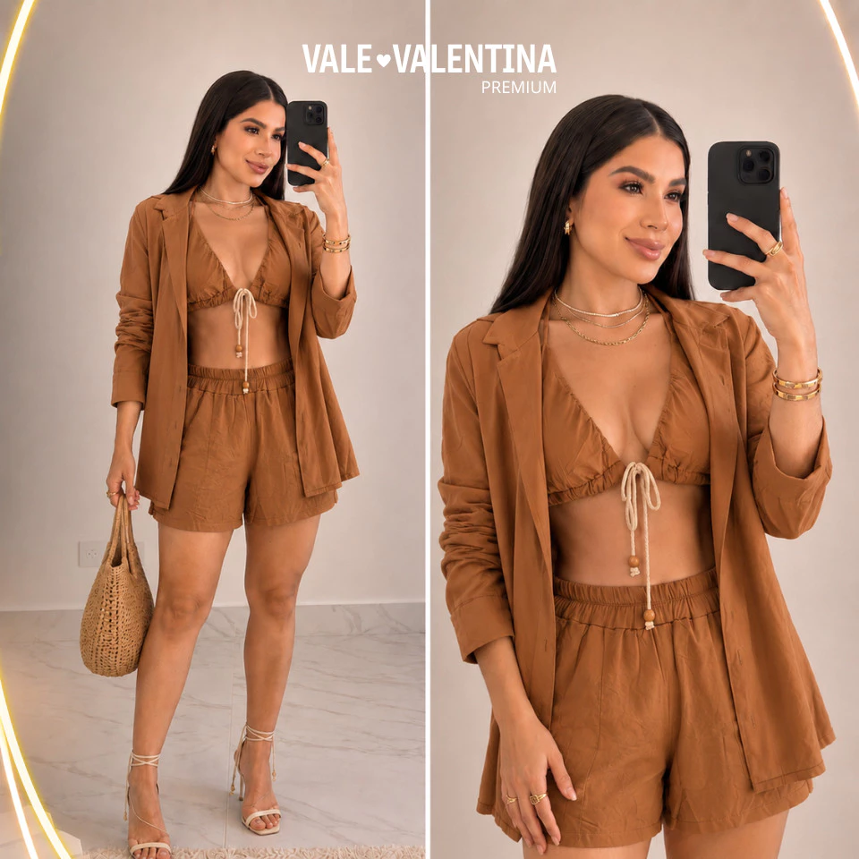 Conjunto Feminino 3 Peças Blazer Top Shorts Linho Elegante Casual  Verão Premium Lançamento Tendência Confortável  Luxo — imagem 1
