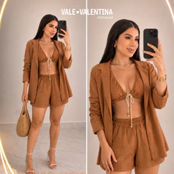 Conjunto Feminino 3 Peças Blazer Top Shorts Linho Elegante Casual Verão Premium Lançamento Tendência Confortável Luxo