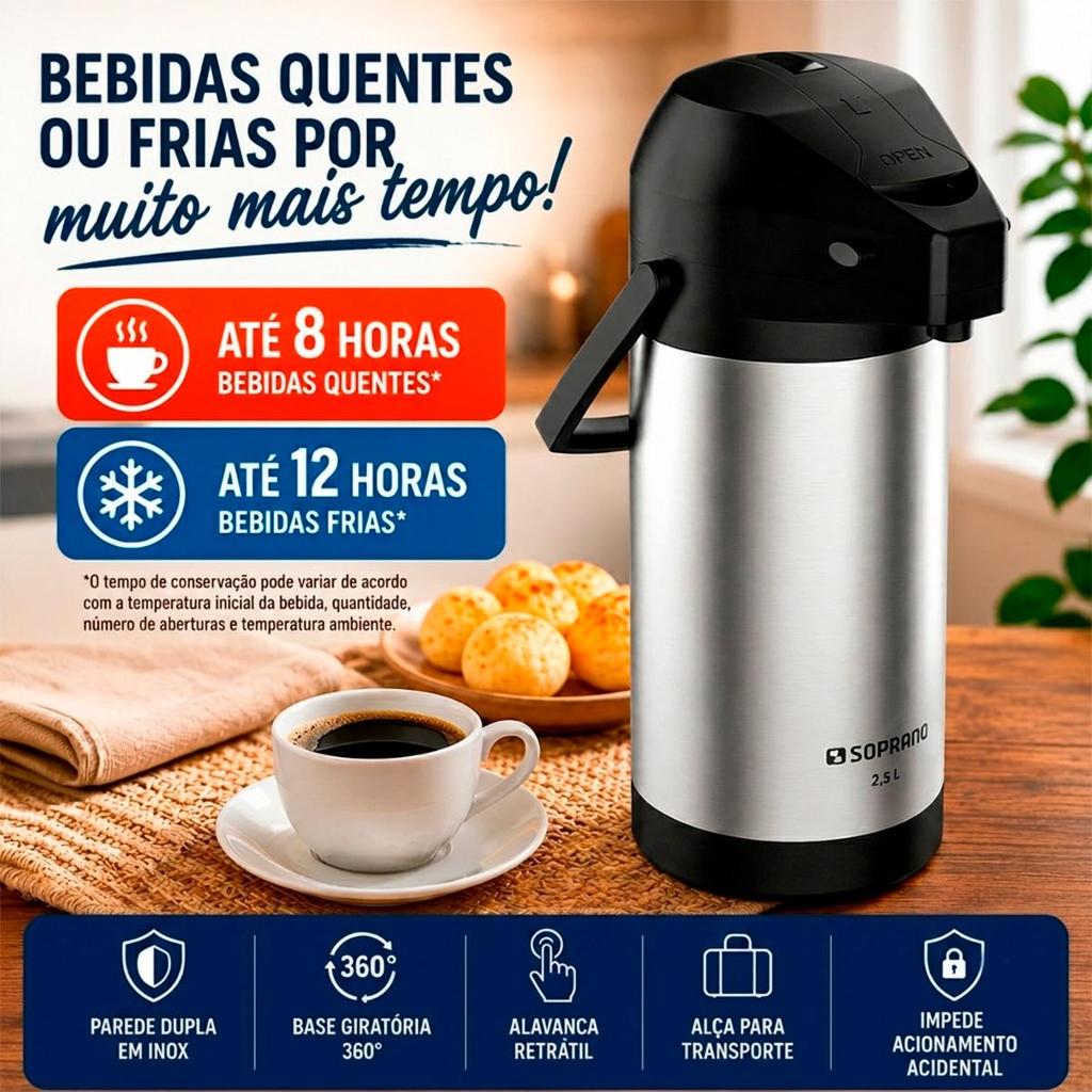 Garrafa Térmica de Café e Chá Inox 2,5L - Soprano