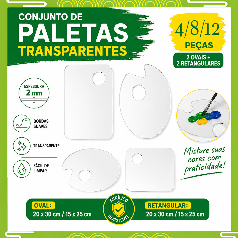 4/8/12 Peças Paletas de Acrílico para Pintura, Transparentes, Leves e Duráveis, com Furo para Polegar e Bordas Suaves