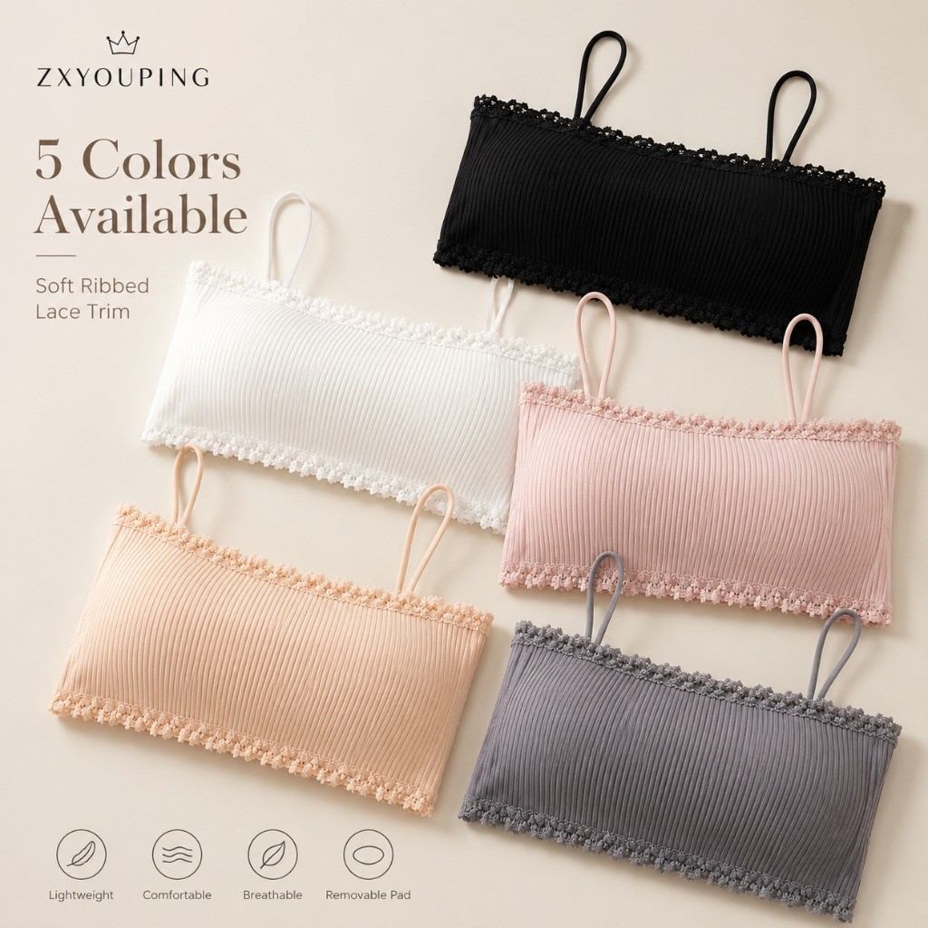 ZXYOUPING Sutiã Feminino Com Acabamento Em Renda , Regata Alças Finas Caneladas , Bralette Gancho Traseiro Macio E Elást