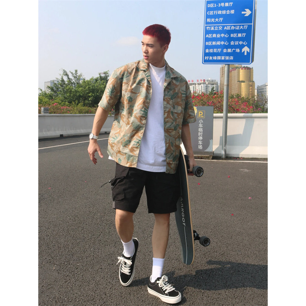 Verão Floral praia lazer viagem fina camisa de manga curta masculina rua Hip-Hop esportes em camadas topos bonito na mod