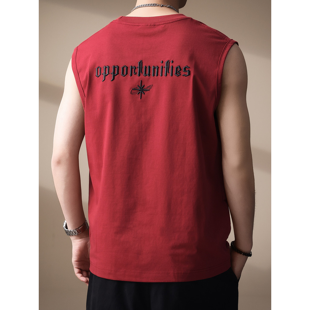 High-End americano bordado respirável sem mangas colete masculino verão Retro Fitness lazer esportes high Street solto c