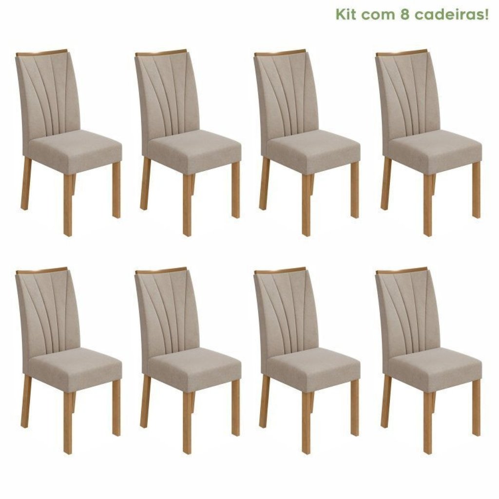 Kit 8 Cadeiras de Jantar Estofadas Suede Apogeu Bege Amêndoa Clean/Veludo Naturale Creme Amêndoa Clean/Veludo Naturale