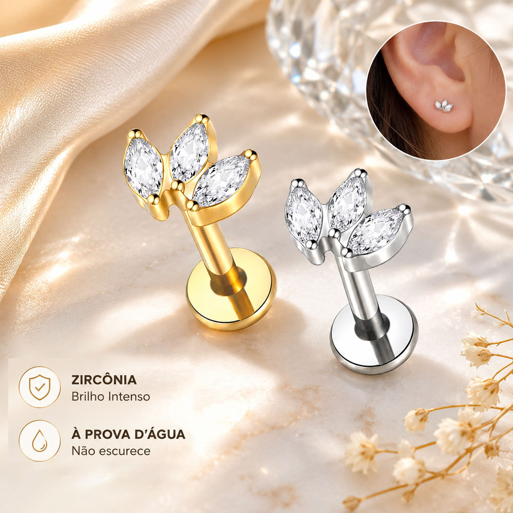 Piercing Labret em Titânio com 3 Zircônias para Hélix, Tragus, Conch, Nariz e Outras Perfurações 1,2 x 8 mm